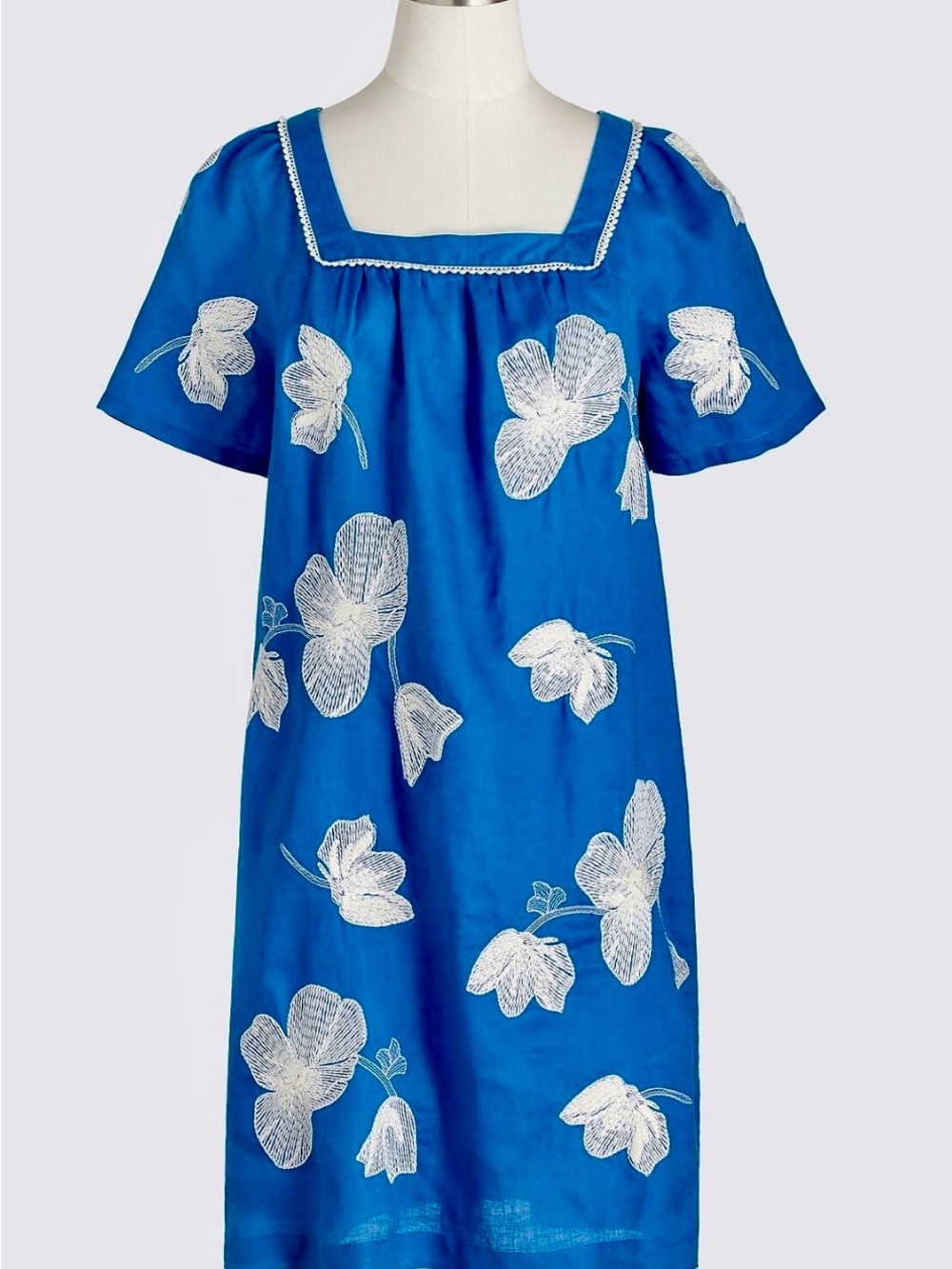 J.Crew Blue Women’s Linen Floral Embroidered Square Neck Shift Dress XXS